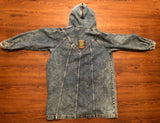 Vintage Womens Baorong Denim Zip Hooded Trench Coat w Yellow Drape lining sz M