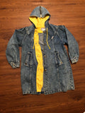 Vintage Womens Baorong Denim Zip Hooded Trench Coat w Yellow Drape lining sz M