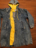 Vintage Womens Baorong Denim Zip Hooded Trench Coat w Yellow Drape lining sz M